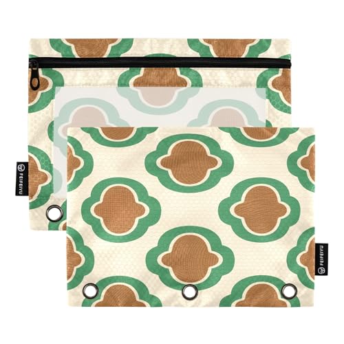 Nexawaveo Federmäppchen mit Retro-Muster, Beige, 2 Stück, für 3-Ringbinder, glatter Reißverschluss mit transparentem PVC-Fenster, Federmäppchen für Schulbedarf von Nexawaveo