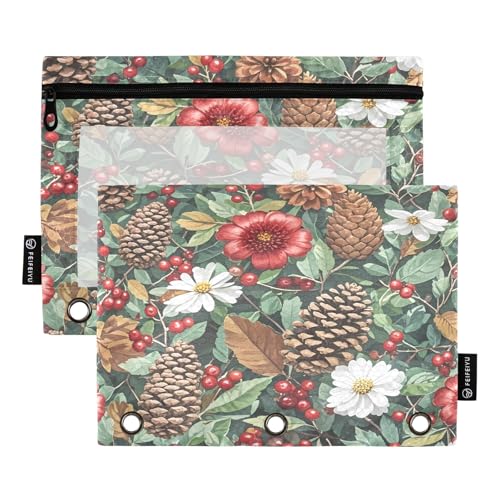 Nexawaveo Federmäppchen mit Tannenzapfen und Blumen, 2 Stück, für 3-Ringbinder, glatter Reißverschluss mit transparentem PVC-Fenster, Federmäppchen für Schulbedarf von Nexawaveo