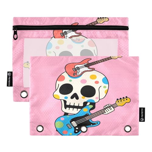 Nexawaveo Federmäppchen mit Totenkopf und Gitarren, 2 Stück, für 3-Ringordner, glatter Reißverschluss mit transparentem PVC-Fenster, Federmäppchen für Schulbedarf von Nexawaveo
