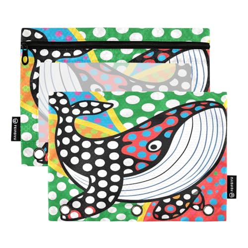 Nexawaveo Federmäppchen mit Wal in Punkten, 2 Stück, für 3-Ringbücher, glatter Reißverschluss mit transparentem PVC-Fenster, Federmäppchen für Schulbedarf von Nexawaveo