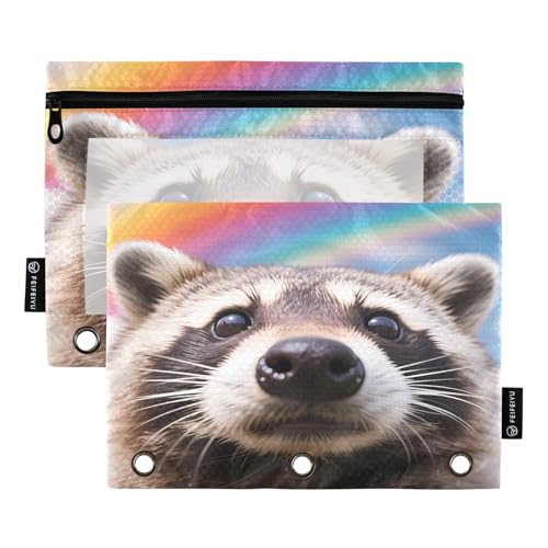 Nexawaveo Federmäppchen mit Waschbär mit Regenbogen, 2 Stück, für 3-Ringbuch, glatter Reißverschluss mit transparentem PVC-Fenster, Federmäppchen für Schulbedarf von Nexawaveo