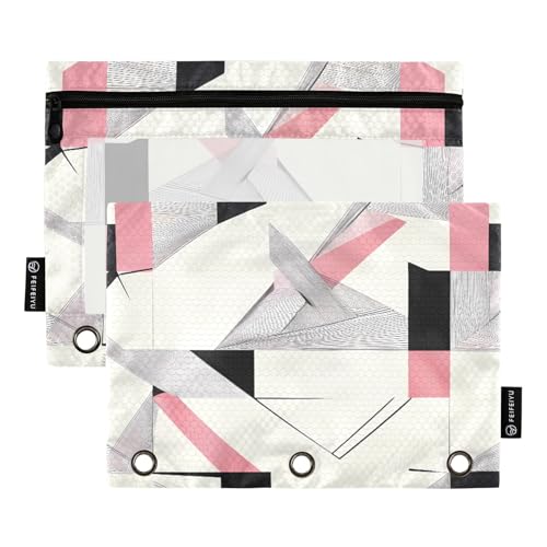 Nexawaveo Federmäppchen mit abstraktem geometrischem Muster, einfarbig, 2 Stück, für 3-Ringbinder, glatter Reißverschluss mit transparentem PVC-Fenster, Federmäppchen für Schulbedarf von Nexawaveo