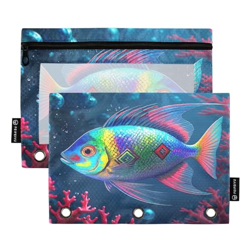 Nexawaveo Federmäppchen mit buntem Fisch in Unterwasser, 2 Stück, für 3-Ringbinder, glatter Reißverschluss mit transparentem PVC-Fenster, Federmäppchen für Schulbedarf von Nexawaveo