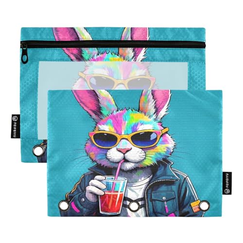 Nexawaveo Federmäppchen mit buntem Kaninchen, türkis, für 3-Ringbinder, glatter Reißverschluss mit transparentem PVC-Fenster, Federmäppchen für Schulbedarf, 2 Stück von Nexawaveo