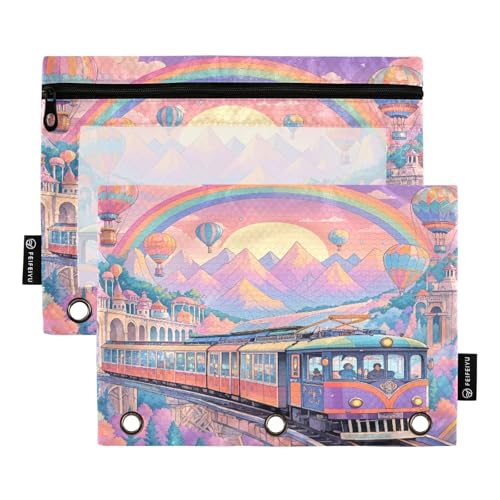 Nexawaveo Federmäppchen mit buntem Zug-Sonnenuntergang, 2 Stück, für 3-Ringbinder, glatter Reißverschluss mit transparentem PVC-Fenster, Federmäppchen für Schulbedarf von Nexawaveo