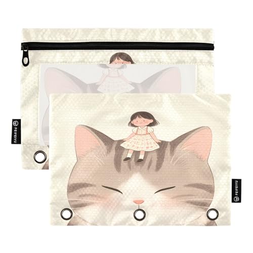 Nexawaveo Federmäppchen mit entspannter Katze, Braun, 2er-Pack für 3-Ringbücher, glatter Reißverschluss mit transparentem PVC-Fenster, Federmäppchen für Schulbedarf von Nexawaveo