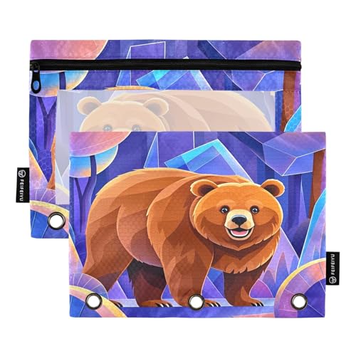Nexawaveo Federmäppchen mit geometrischem Bär, violett, 2 Stück, für 3-Ringbinder, glatter Reißverschluss mit transparentem PVC-Fenster, Federmäppchen für Schulbedarf von Nexawaveo