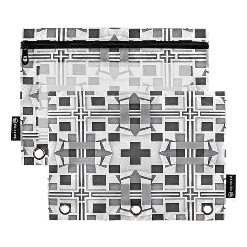 Nexawaveo Federmäppchen mit geometrischem Muster, schwarz-weiße Formen, 2 Stück, für 3-Ringbinder, glatter Reißverschluss mit transparentem PVC-Fenster, Federmäppchen für Schulbedarf von Nexawaveo