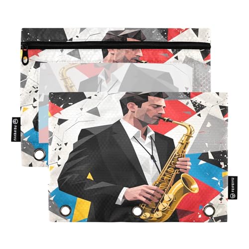 Nexawaveo Federmäppchen mit geometrischem Saxophonisten, bunt, für 3-Ringbinder, glatter Reißverschluss mit transparentem PVC-Fenster, Federmäppchen für Schulbedarf, 2 Stück von Nexawaveo