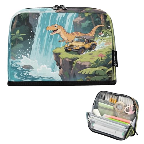 Nexawaveo Federmäppchen mit großem Fassungsvermögen, 21,1 x 15 cm, Cartoon-Dinosaurier, Auto, Stifteetui für Schule, Büro, Reisen von Nexawaveo
