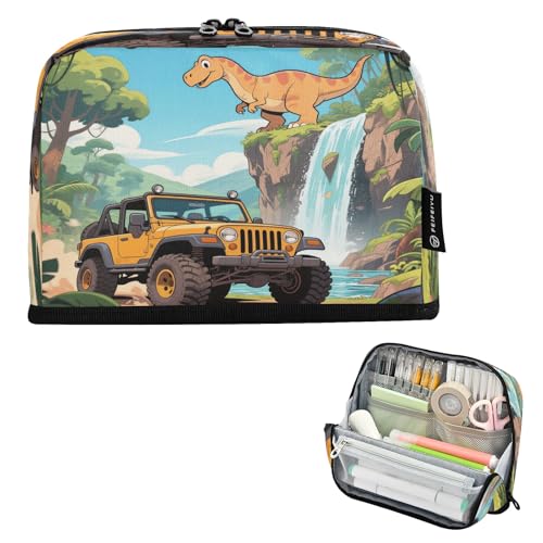 Nexawaveo Federmäppchen mit großem Fassungsvermögen, 21,1 x 15 cm, Cartoon-Dinosaurier und Geländefahrzeug, Stifteetui für Schule, Büro, Reisen von Nexawaveo