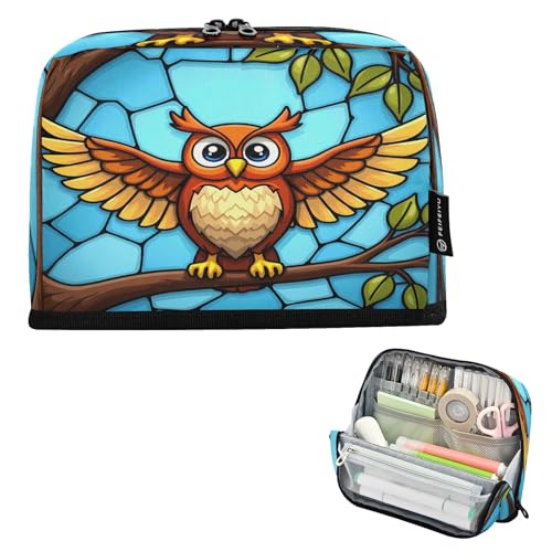 Nexawaveo Federmäppchen mit großem Fassungsvermögen, 21,1 x 15 cm, Cartoon-Eule auf Ast, Stifteetui für Schule, Büro, Reisen von Nexawaveo