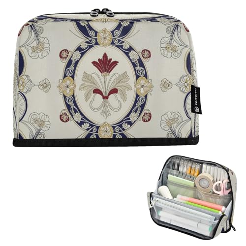 Nexawaveo Federmäppchen mit großem Fassungsvermögen, 21,1 x 15 cm, aufwendiges ovales Motiv, Beige, Stifteetui für Schule, Büro, Reisen von Nexawaveo