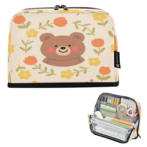 Nexawaveo Federmäppchen mit großem Fassungsvermögen, 21,1 x 15 cm, freundlicher Bären-Blumenhintergrund, Stifteetui für Schule, Büro, Reisen von Nexawaveo