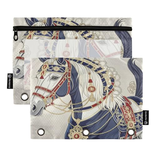 Nexawaveo Federmäppchen mit kunstvollem Pferdemotiv, für 3-Ringbinder, glatter Reißverschluss mit transparentem PVC-Fenster, 2 Stück von Nexawaveo