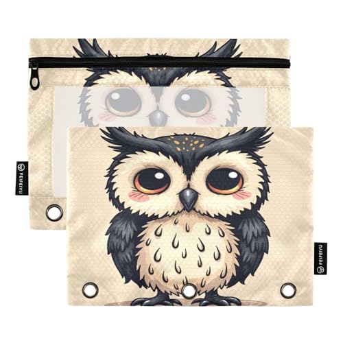 Nexawaveo Federmäppchen mit niedlichem Cartoon-Eulen-Design, 2 Stück, für 3-Ringbinder, glatter Reißverschluss mit transparentem PVC-Fenster, Federmäppchen für Schulbedarf von Nexawaveo