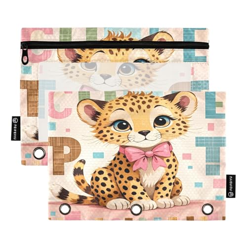 Nexawaveo Federmäppchen mit niedlichem Geparden-Muster, mehrfarbig, 2 Stück, für 3-Ringbinder, glatter Reißverschluss mit transparentem PVC-Fenster, Federmäppchen für Schulbedarf von Nexawaveo