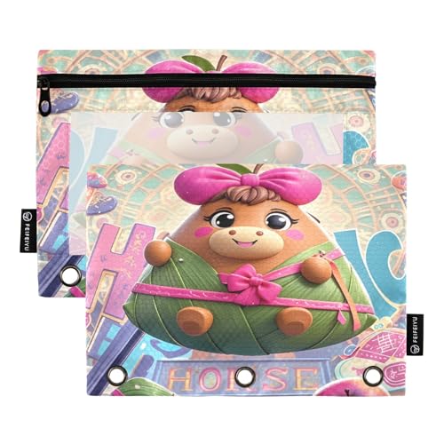 Nexawaveo Federmäppchen mit niedlichem Pferd, mehrfarbig, 2 Stück, für 3-Ringbinder, glatter Reißverschluss mit transparentem PVC-Fenster, Federmäppchen für Schulbedarf von Nexawaveo