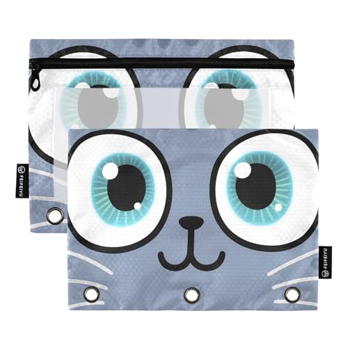 Nexawaveo Federmäppchen mit niedlichen grauen Katzenaugen, 2 Stück, für 3-Ringbinder, glatter Reißverschluss mit transparentem PVC-Fenster, Federmäppchen für Schulbedarf von Nexawaveo