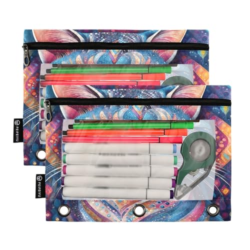 Nexawaveo Federmäppchen mit psychedelischem Katzenmuster, 2 Stück, für 3-Ringbinder, glatter Reißverschluss mit transparentem PVC-Fenster, Federmäppchen für Schulbedarf von Nexawaveo