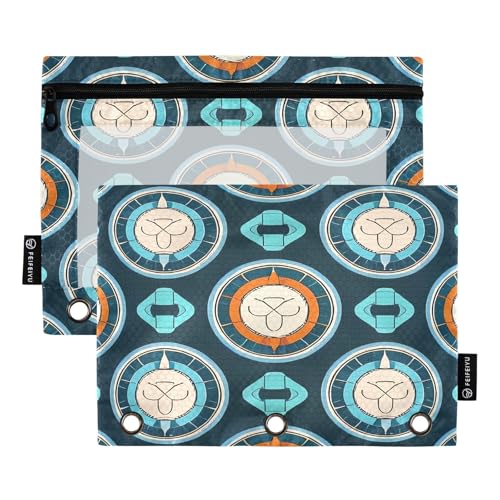 Nexawaveo Federmäppchen mit runden Motiven, dunkelblau, 2 Stück, für 3-Ringbinder, glatter Reißverschluss mit transparentem PVC-Fenster, Federmäppchen für Schulbedarf von Nexawaveo