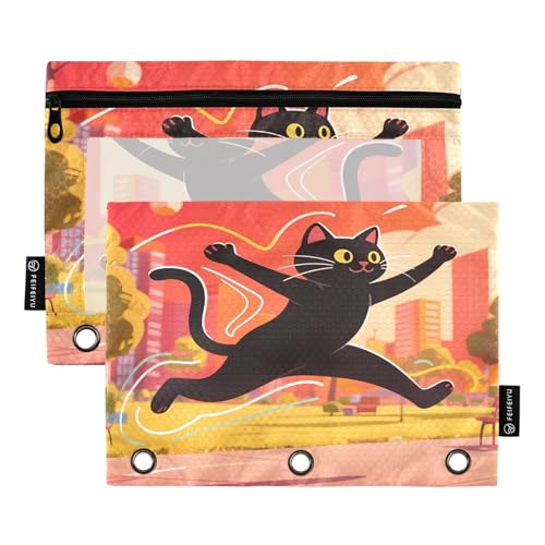 Nexawaveo Federmäppchen mit springender Katze, 2 Stück, für 3-Ringbinder, glatter Reißverschluss mit transparentem PVC-Fenster, Federmäppchen für Schulbedarf von Nexawaveo