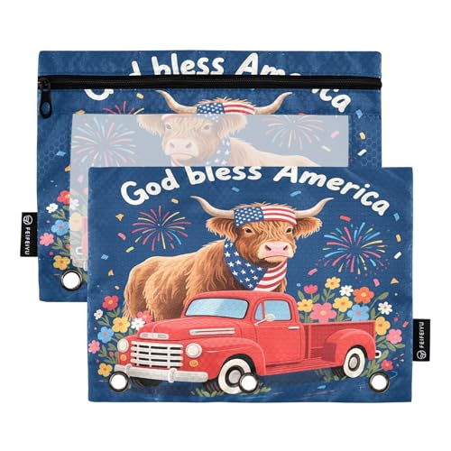 Nexawaveo Festive Bull Independence Day Federmäppchen-Set für 3-Ringbinder, glatter Reißverschluss mit transparentem PVC-Fenster, Federmäppchen für Schulbedarf, 2 Stück von Nexawaveo