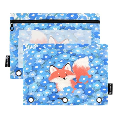 Nexawaveo Fox Among Blue Flowers Federmäppchen-Set für 3-Ringbuch, glatter Reißverschluss mit transparentem PVC-Fenster, Federmäppchen für Schulbedarf, 2 Stück von Nexawaveo