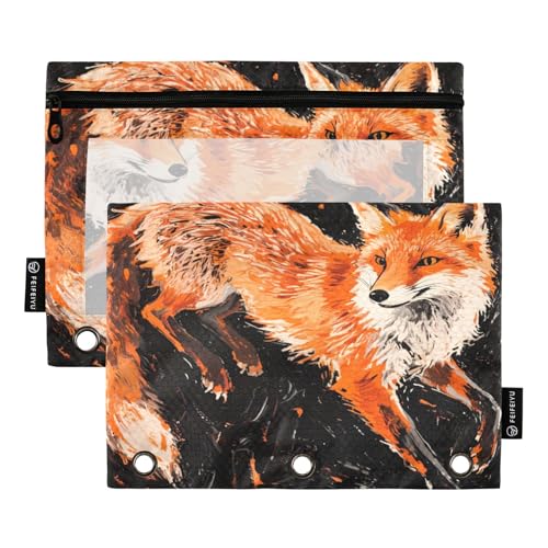 Nexawaveo Fox on Dark Federmäppchen-Set für 3-Ringbinder, glatter Reißverschluss mit transparentem PVC-Fenster, Federmäppchen für Schulbedarf, 2 Stück von Nexawaveo