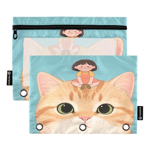 Nexawaveo Fröhliche Katze, Federmäppchen-Set für 3-Ringbinder, glatter Reißverschluss mit transparentem PVC-Fenster, Federmäppchen für Schulbedarf, Orange, 2 Stück von Nexawaveo