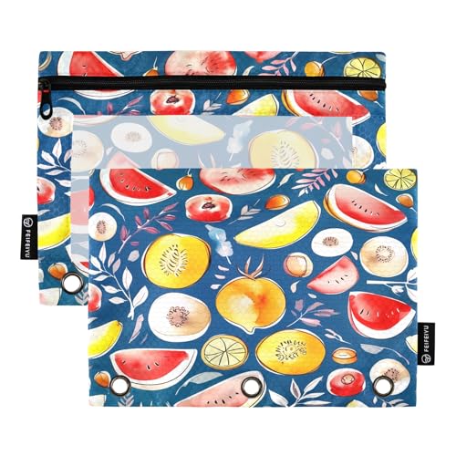 Nexawaveo Fruits Federmäppchen-Set für 3-Ringbinder, glatter Reißverschluss mit transparentem PVC-Fenster, Federmäppchen für Schulbedarf, Dunkelblau, 2 Stück von Nexawaveo