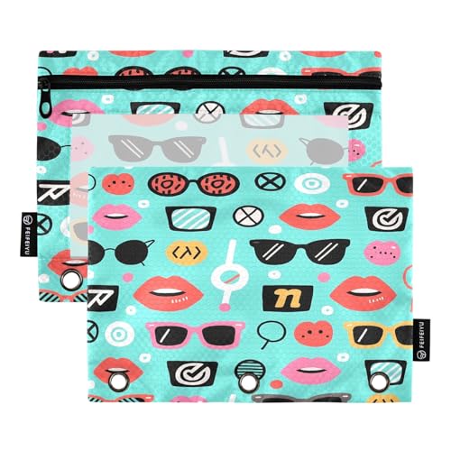 Nexawaveo Funky Icons Federmäppchen-Set für 3-Ringbinder, glatter Reißverschluss mit transparentem PVC-Fenster, Federmäppchen für Schulbedarf, Türkis, 2 Stück von Nexawaveo