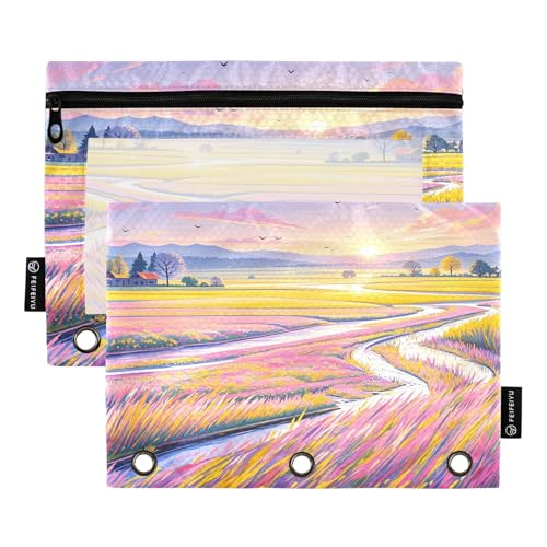 Nexawaveo Gelassene Landschaft Sonnenuntergang Federmäppchen Set für 3-Ringbinder, glatter Reißverschluss mit transparentem PVC-Fenster, Federmäppchen für Schulbedarf, 2 Stück von Nexawaveo