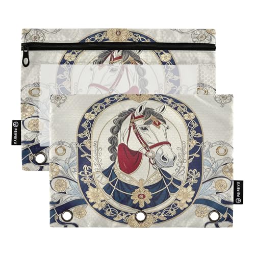Nexawaveo Graceful Federmäppchen mit Pferde-Porträt, Beige, 2er-Pack für 3-Ringbinder, glatter Reißverschluss mit transparentem PVC-Fenster, Federmäppchen für Schulbedarf von Nexawaveo