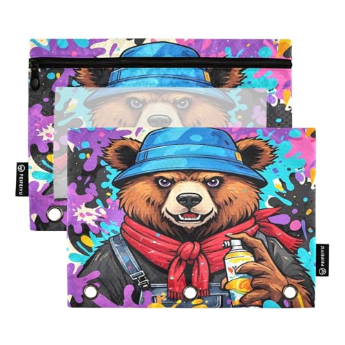 Nexawaveo Graffiti-Bär-Federmäppchen für 3-Ringbinder, glatter Reißverschluss mit transparentem PVC-Fenster, Federmäppchen für Schulbedarf, mehrfarbig, 2 Stück von Nexawaveo
