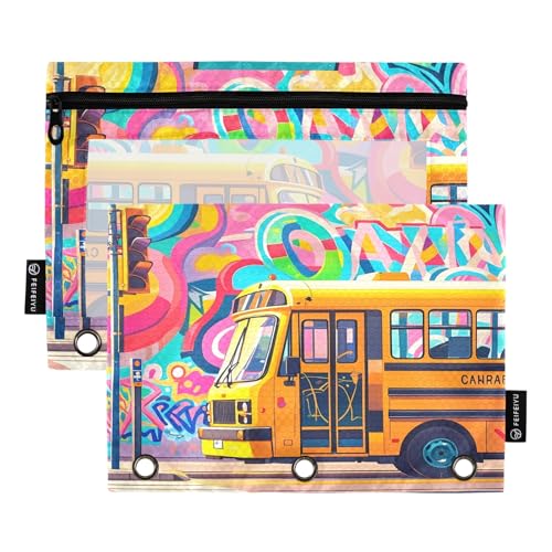 Nexawaveo Graffiti Bus Urban Federmäppchen-Set für 3-Ringbuch, glatter Reißverschluss mit transparentem PVC-Fenster, Federmäppchen für Schulbedarf, 2 Stück von Nexawaveo