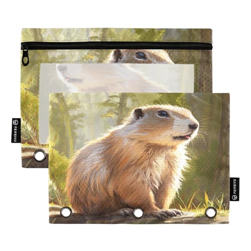Nexawaveo Groundhog Cartoon-Federmäppchen-Set für 3-Ringbuch, glatter Reißverschluss mit transparentem PVC-Fenster, Federmäppchen für Schulbedarf, 2 Stück von Nexawaveo