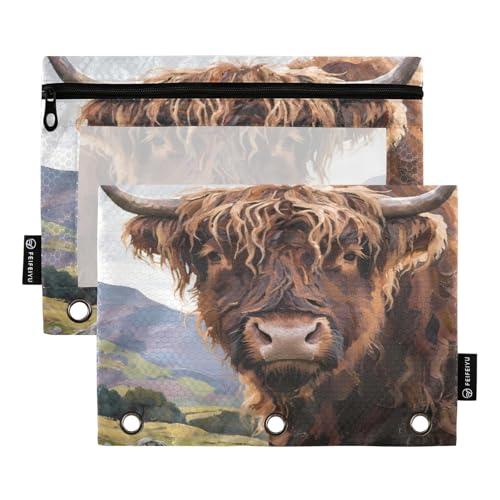Nexawaveo Highland Cow Ölgemälde, Federmäppchen-Set für 3-Ringbinder, glatter Reißverschluss mit transparentem PVC-Fenster, Federmäppchen für Schulbedarf, 2 Stück von Nexawaveo