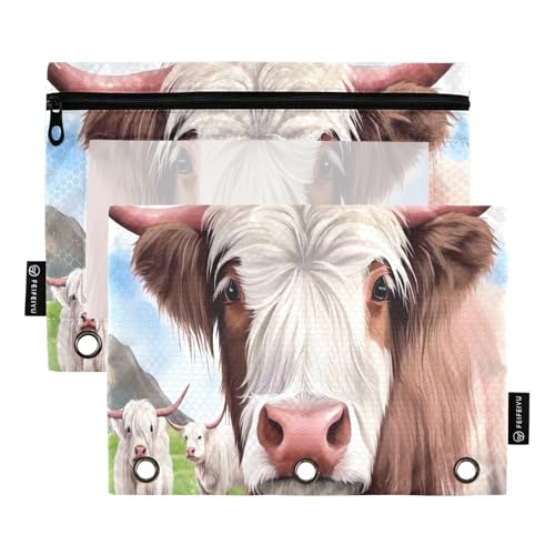 Nexawaveo Highland Rinder Pastoral Green Federmäppchen Set für 3-Ringbinder, glatter Reißverschluss mit transparentem PVC-Fenster, Federmäppchen für Schulbedarf, 2 Stück von Nexawaveo
