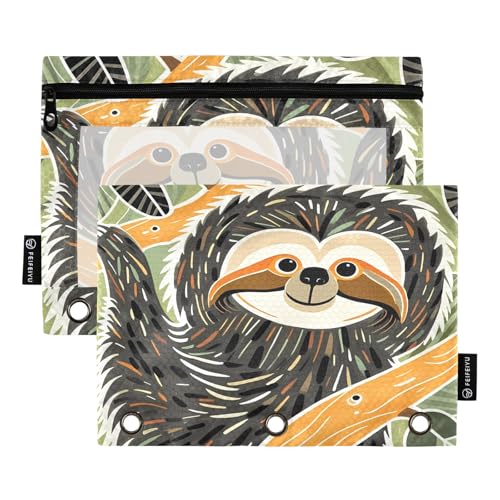 Nexawaveo Illustriertes Faultier-Federmäppchen-Set für 3-Ringbuch, glatter Reißverschluss mit transparentem PVC-Fenster, Federmäppchen für Schulbedarf, Grün, 2 Stück von Nexawaveo