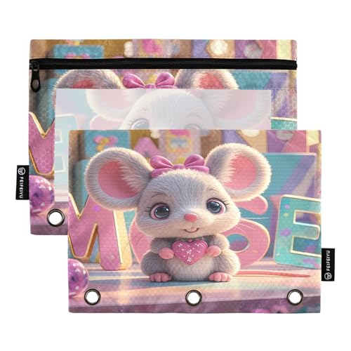 Nexawaveo Kawaii Mäuse, Pastellfarben, 2 Stück, Federmäppchen-Set für 3-Ringbinder, glatter Reißverschluss mit transparentem PVC-Fenster, Federmäppchen für Schulbedarf von Nexawaveo
