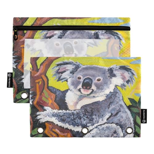 Nexawaveo Koala on Tree Federmäppchen-Set für 3-Ringbinder, glatter Reißverschluss mit transparentem PVC-Fenster, Federmäppchen für Schulbedarf, 2 Stück von Nexawaveo