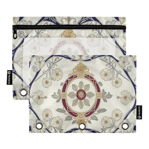 Nexawaveo Kunstvolles rundes Design, Beige, 2 Stück, Federmäppchen-Set für 3-Ringbinder, glatter Reißverschluss mit transparentem PVC-Fenster, Federmäppchen für Schulbedarf von Nexawaveo