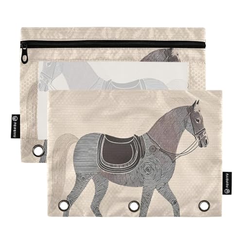 Nexawaveo Line Horse Federmäppchen-Set für 3-Ringbinder, glatter Reißverschluss mit transparentem PVC-Fenster, Bleistiftetui für Schulbedarf, Beige, 2 Stück Nexawaveo Line Horse Federmäppchen-Set für 3-Ringbinder, glatter Reißverschluss mit transparentem PVC-Fenster, Bleistiftetui für Schulbedarf, Beige, 2 Stück von Nexawaveo