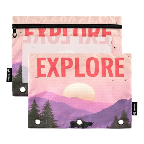 Nexawaveo Mystic Bull Sunset Federmäppchen-Set für 3-Ringbinder, glatter Reißverschluss mit transparentem PVC-Fenster, Federmäppchen für Schulbedarf, 2 Stück von Nexawaveo
