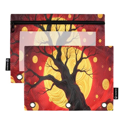 Nexawaveo Mystical Tree Federmäppchen-Set für 3-Ringbinder, glatter Reißverschluss mit transparentem PVC-Fenster, Federmäppchen für Schulbedarf, Rot, 2 Stück von Nexawaveo