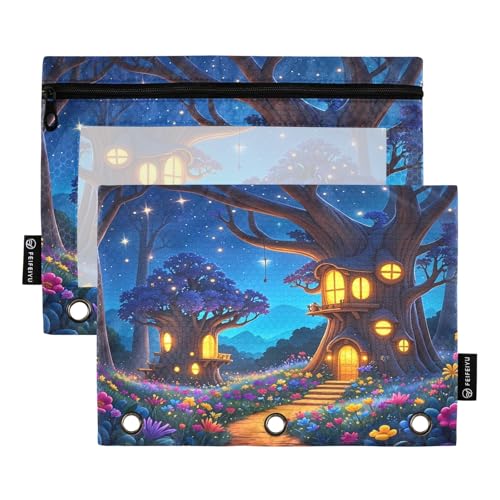 Nexawaveo Mystical Treehouses Night Federmäppchen-Set für 3-Ringbuch, glatter Reißverschluss mit transparentem PVC-Fenster, Federmäppchen für Schulbedarf, 2 Stück von Nexawaveo