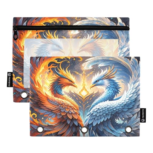 Nexawaveo Mythical Phoenixes Dark Federmäppchen-Set für 3-Ringbuch, glatter Reißverschluss mit transparentem PVC-Fenster, Federmäppchen für Schulbedarf, 2 Stück von Nexawaveo