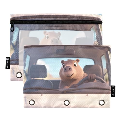 Nexawaveo Niedliches Capybara Federmäppchen für 3-Ringbinder, glatter Reißverschluss mit transparentem PVC-Fenster, Federmäppchen für Schulbedarf, 2 Stück von Nexawaveo