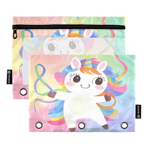 Nexawaveo Pastellfarbenes Federmäppchen mit niedlichen Einhörnern, 2 Stück, für 3-Ringbinder, glatter Reißverschluss mit transparentem PVC-Fenster, Federmäppchen für Schulbedarf von Nexawaveo